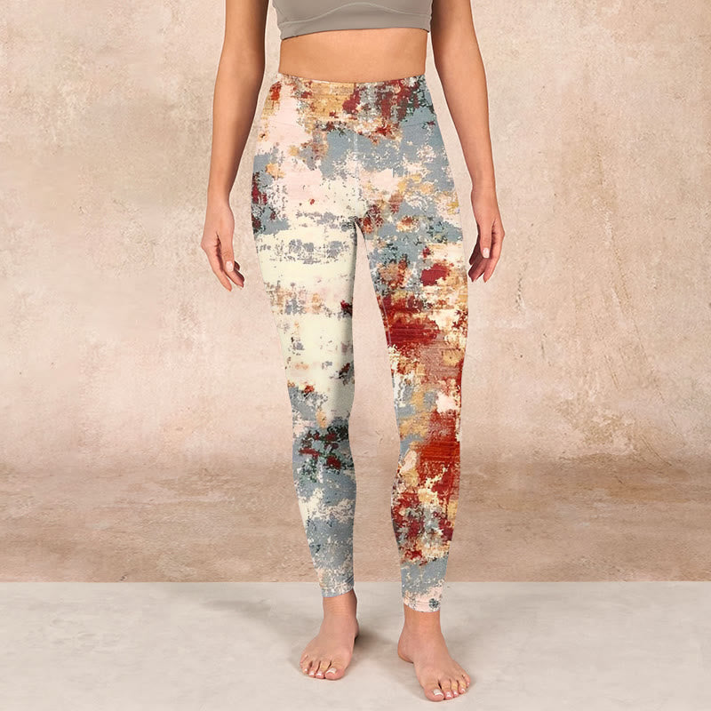 Beige Red Grey Abstract Design Print Exercise Leggings Women's Yoga Pants
