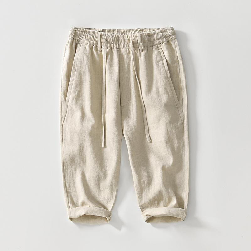 Versatile Casual Drawstring 7-8 Length Cotton Linen Men's Pants With Pockets