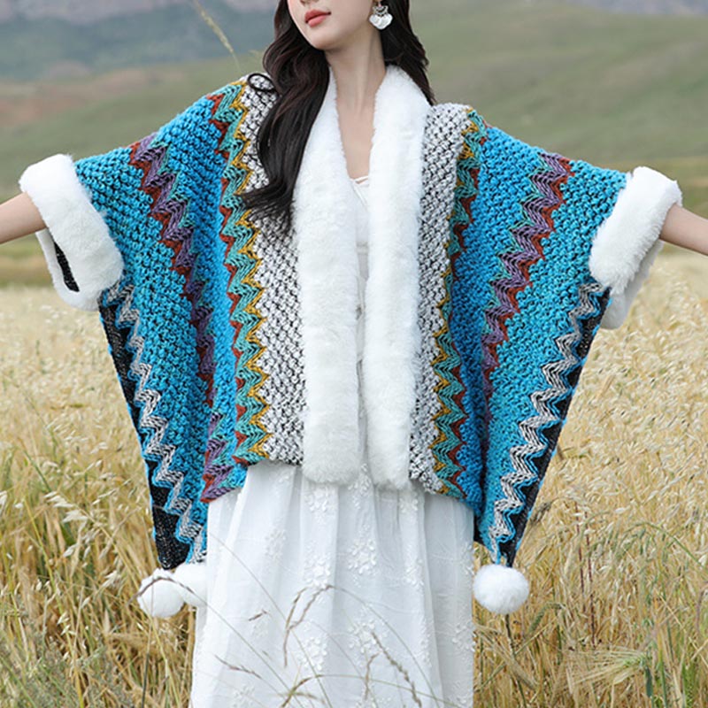 Tibetan Multicolored Wavy Lines Knitted Striped Shawl Coat Winter Cozy Travel Scarf Wrap