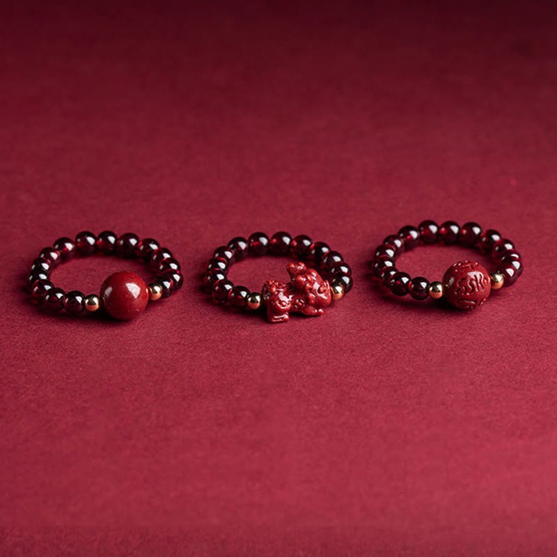 Garnet Cinnabar Lucky Bead PiXiu Om Mani Padme Hum Rose Protection Ring
