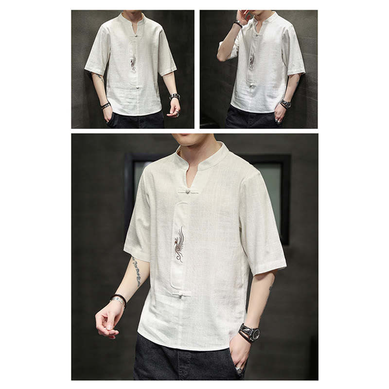 Frog-Button Phoenix Embroidery Chinese Tang Suit Short Sleeve Shirt Cotton Linen Men Clothing