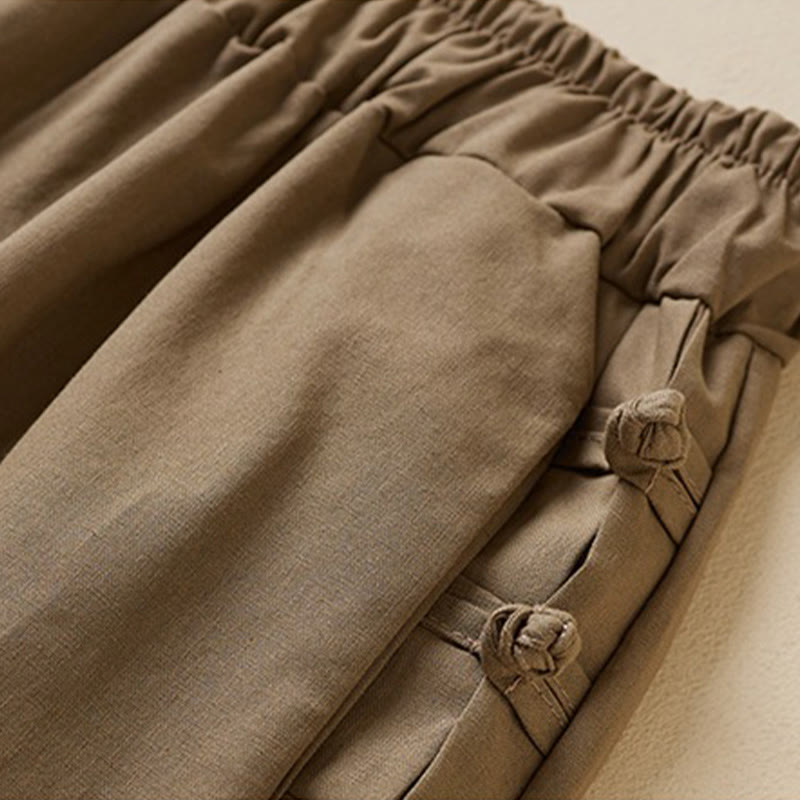 Casual Plain Frog-Button 7-8 Length Cropped Pants Women's Cotton Linen Harem Pants With Pockets