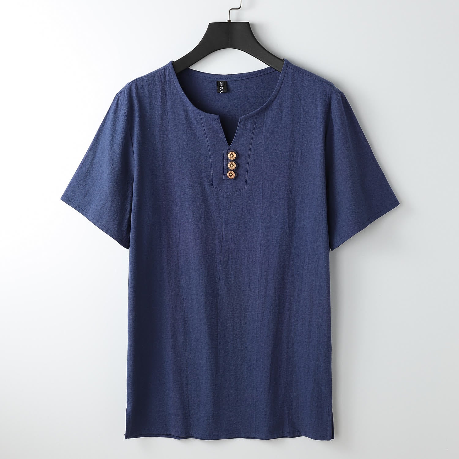 Men's T-Shirt Solid Color Top Short Sleeve Three-button V Collar Soft Cotton Shirt