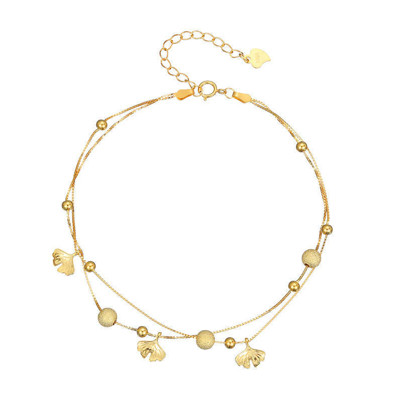 925 Sterling Silver Ginkgo Leaf Double Layer Protection Anklet