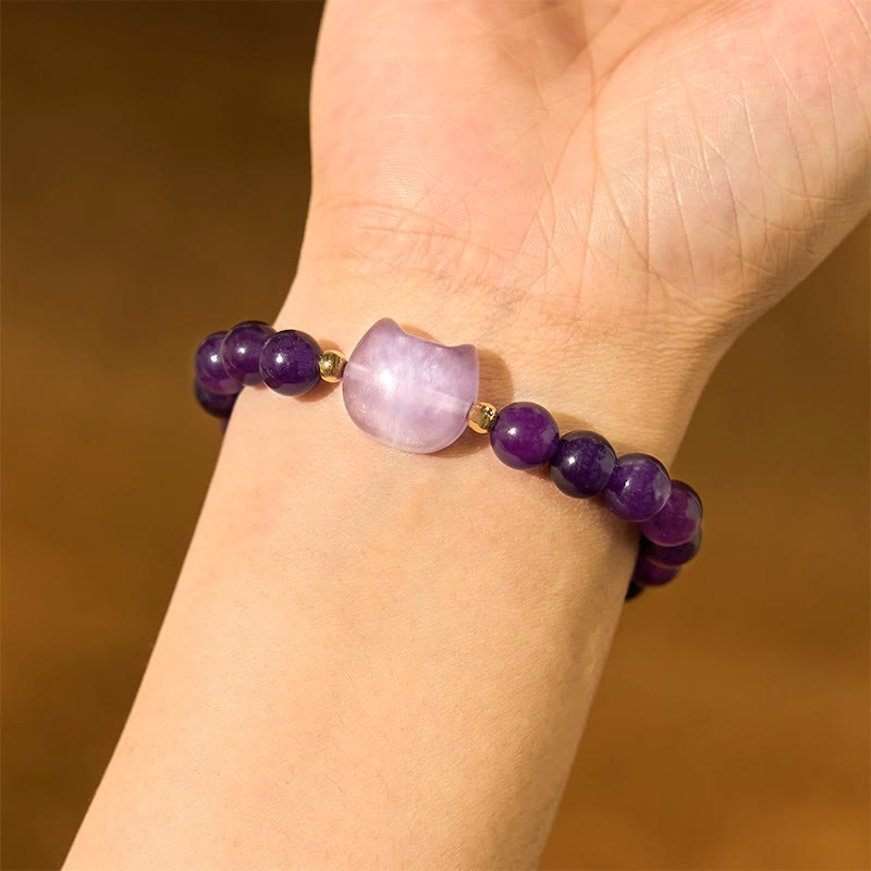 Amethyst Green Aventurine Rose Quartz Fluorite Cat Head Balance Luck Bracelet