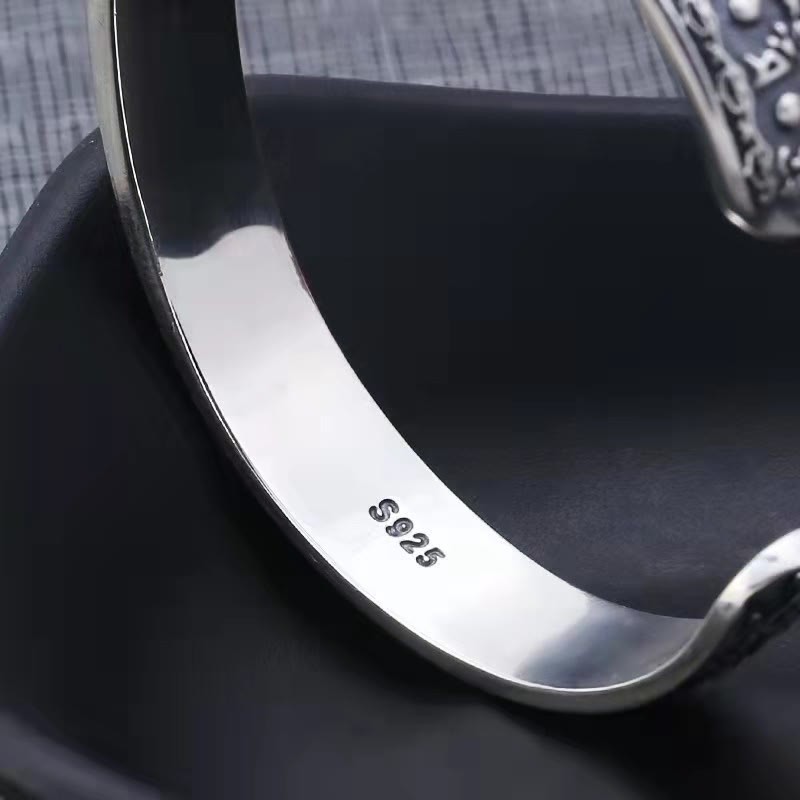 925 Sterling Silver Om Mani Padme Hum Double Dorje Engraved Wisdom Cuff Bracelet Bangle