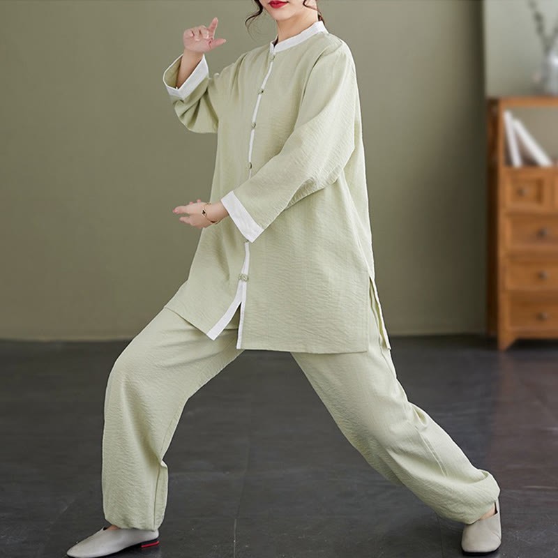 2Pcs Vintage Long Sleeve Shirt Top Pants Meditation Zen Tai Chi Cotton Linen Clothing Women's Set