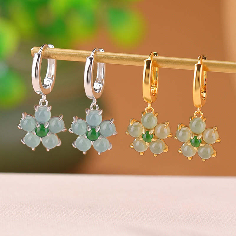 925 Sterling Silver Plated Gold Green Jade Flower Design Luck Prosperity Earrings