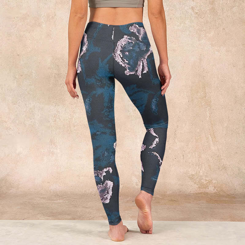 SteelBlue Silver Flowers Print Exercise Leggings Women's Yoga Pants