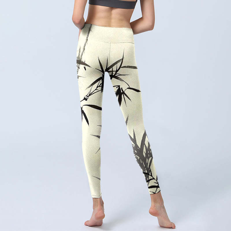 Ink Painting Bamboo Leaves Print Sports Leggings Women's Yoga Pants