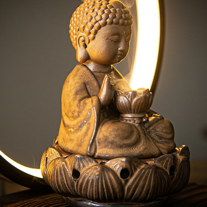mystic zen Lotus Backflow Smoke Fountain Ceramic Blessing Incense Burner With Light Decoration