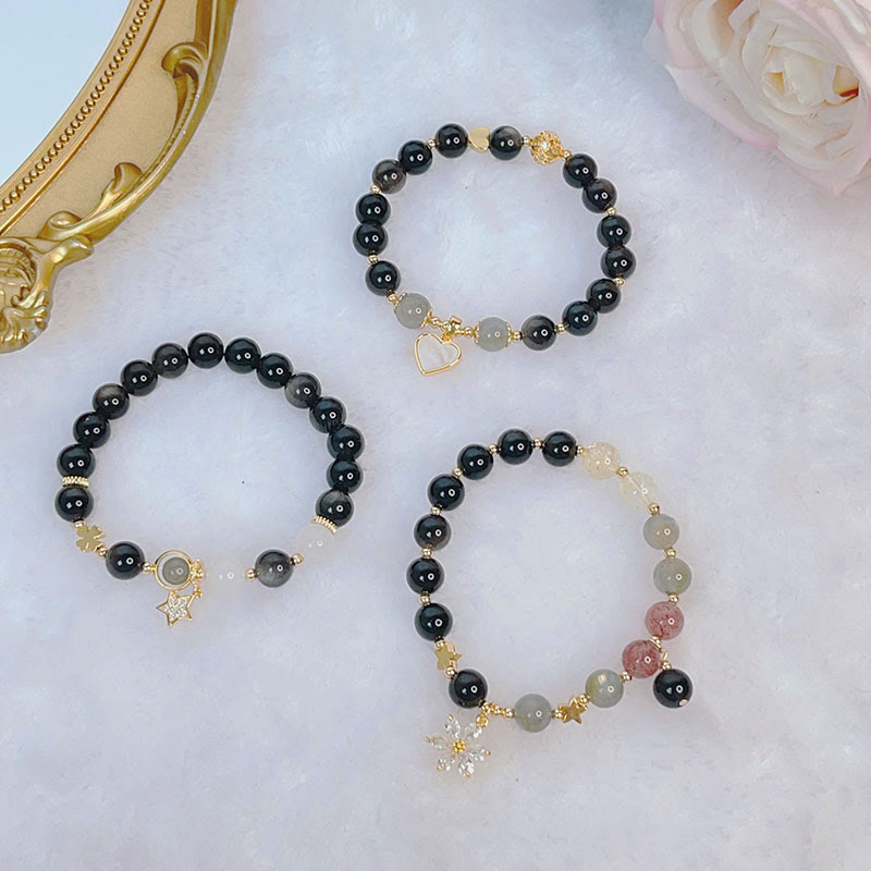 Natural Silver Sheen Obsidian Love Heart Star Flower Protection Bracelet