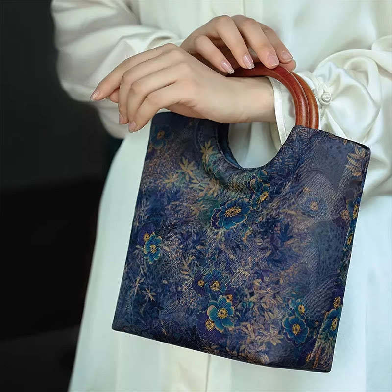 Peony Flower Bamboo Leaves Bird Solid Wood Handle Handbag