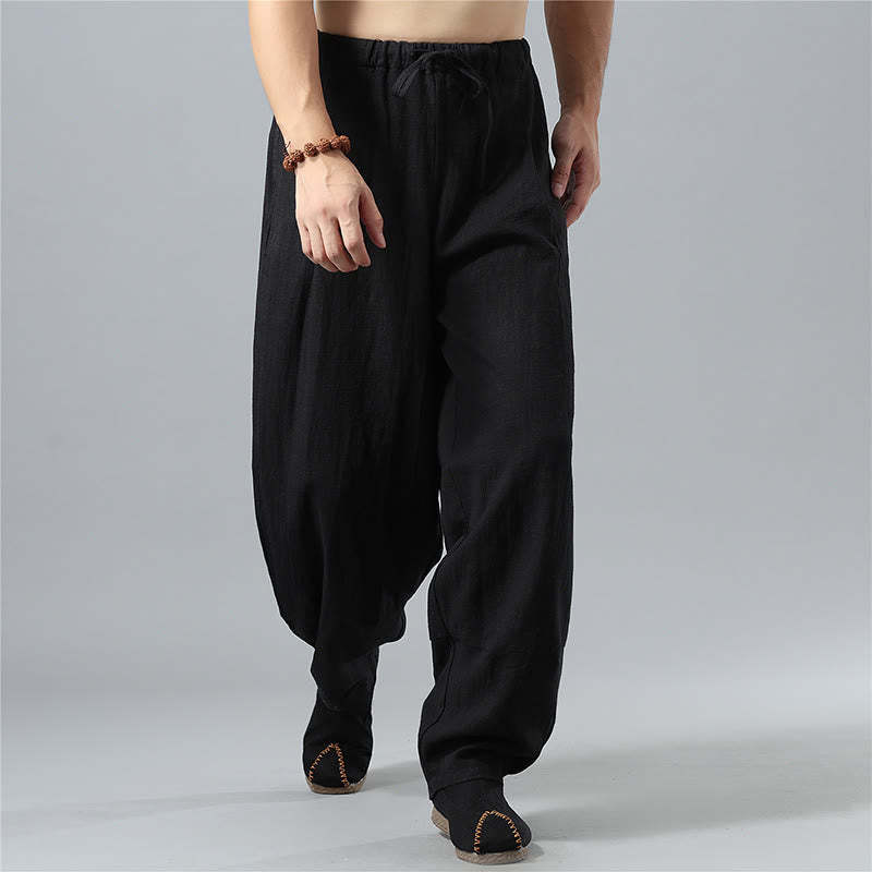 Casual Solid Color Drawstring Cotton Linen Men's Pants With Pockets