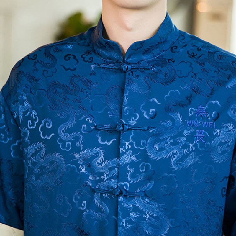 Chinese Tang Suit Frog-button Dragon Print Men's Half Sleeve Shirts