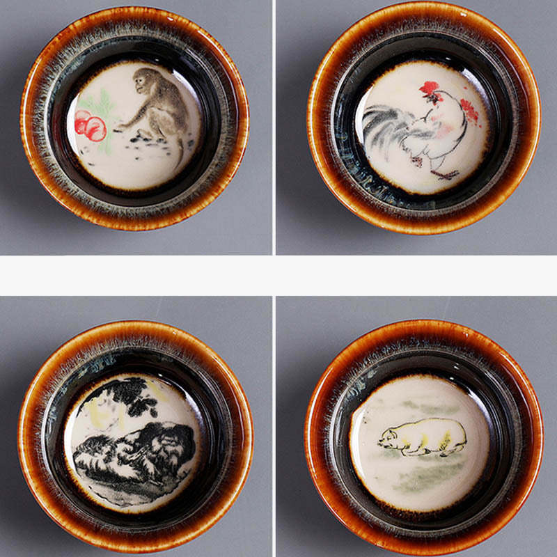 12 Chinese Zodiac Pattern Ceramic Teacup Kung Fu Jian Chinese Zhan Tea Cup 73ml