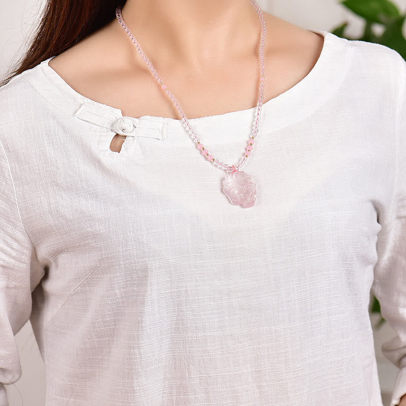 Natural Pink Crystal Nine Tailed Fox Love Necklace Pendant