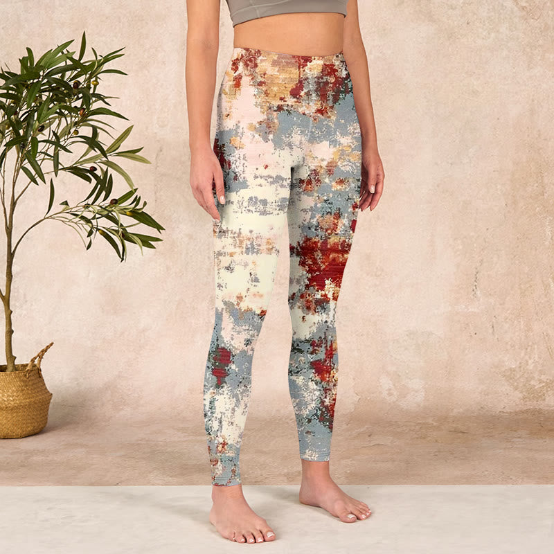 Beige Red Grey Abstract Design Print Exercise Leggings Women's Yoga Pants