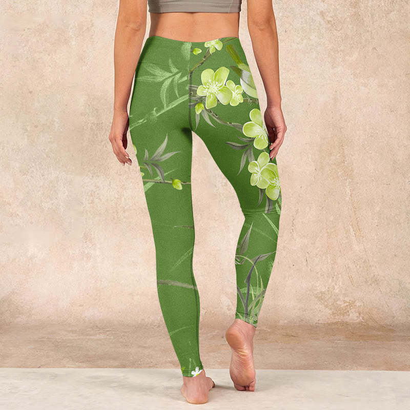 Magpie Flowers Branches Print Gym Leggings Women's Yoga Pants