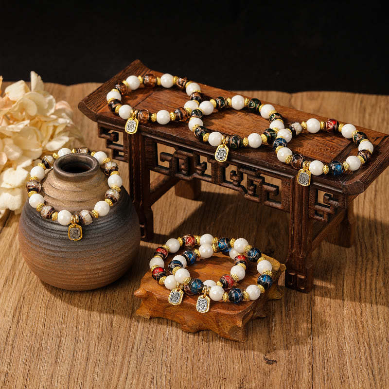 Tibetan Zakiram Goddess of Wealth Charm Liuli Glass Incense Ash Porcelain Bead Protection Bracelet