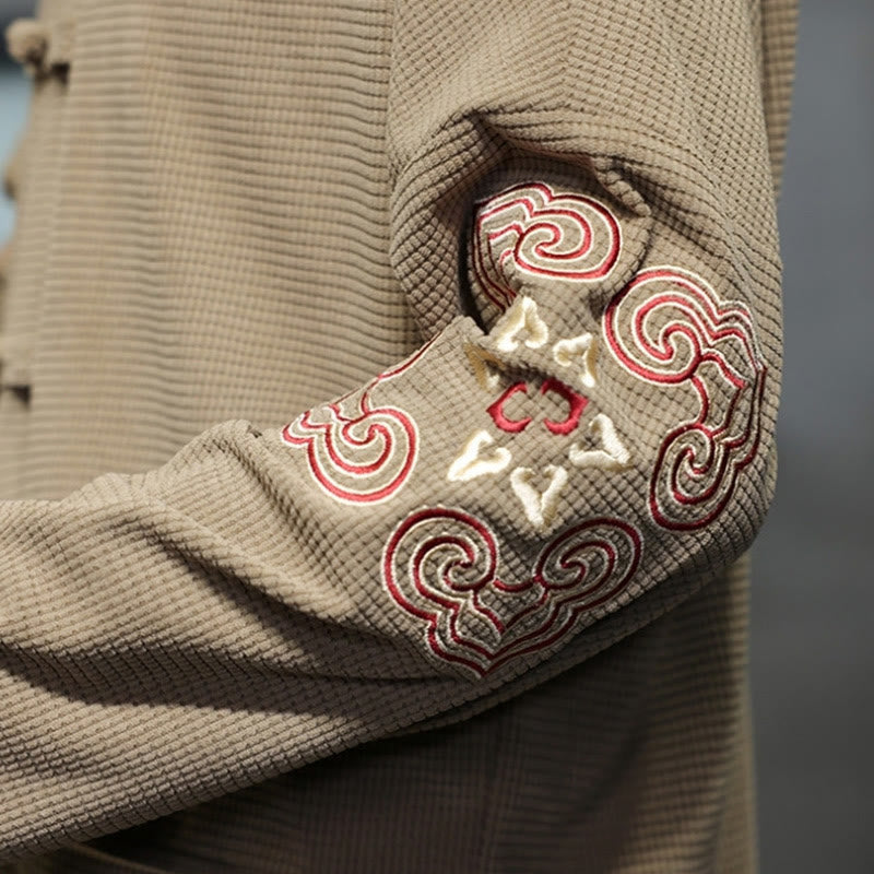 Men's Frog-Button Tang Suit Corduroy Cotton Embroidery Long Jacket Shirt With Pockets