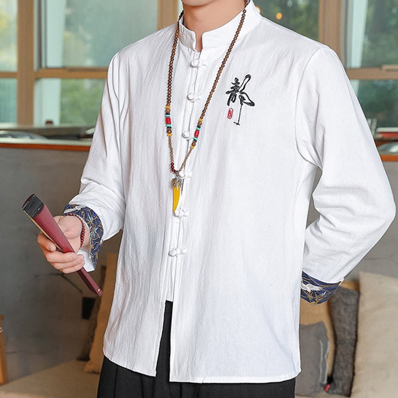 Fall Solid Long Sleeve Frog-Button Shirt Linen Men Zen Clothing