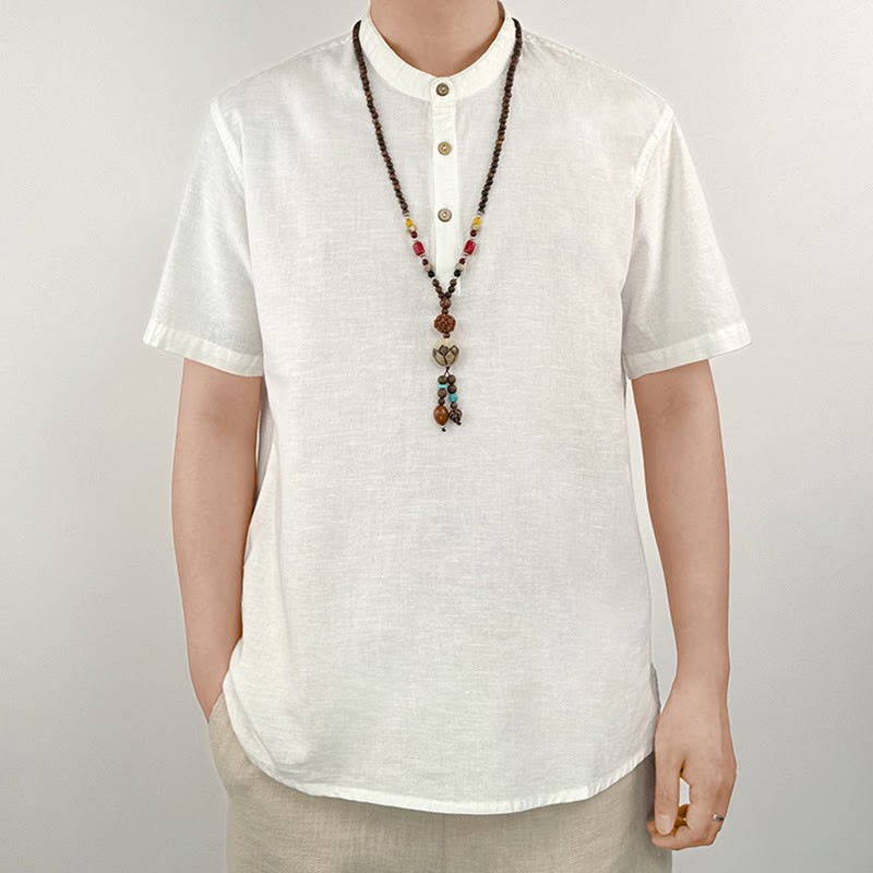 Solid Color Men Short Sleeve Button Linen Shirt