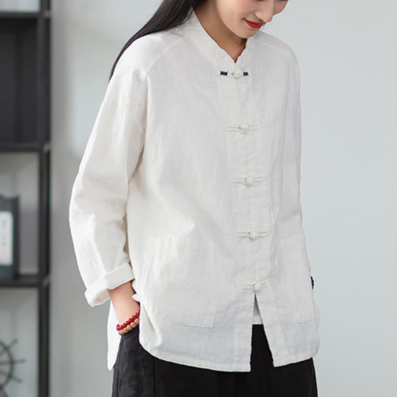 Solid Color Frog-button Long Sleeve Linen Women's Shirts With Pockets