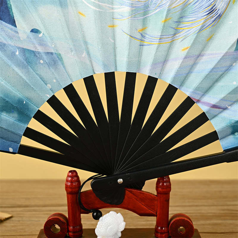 Vintage Phoenix Nine-Tailed Fox Flower Bamboo Tiger Handheld Folding Fan Lotus Tassel Fan