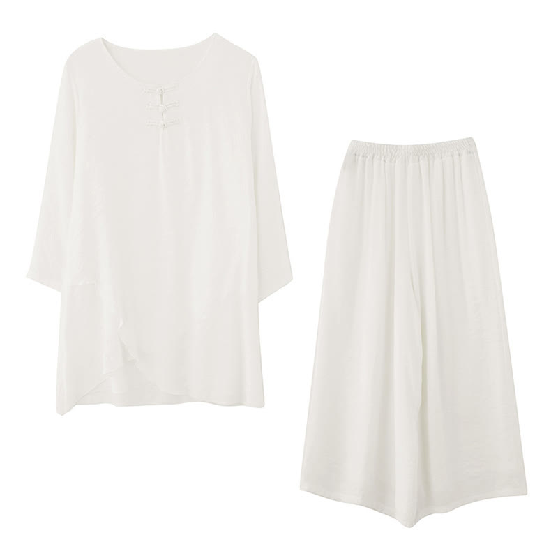 2Pcs Frog-Button Long Sleeve Shirt Wide Leg Pants Meditation Cotton Linen Clothing