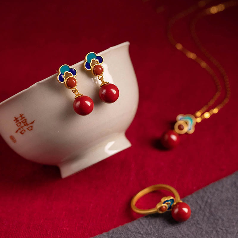925 Sterling Silver Plated Gold Cinnabar Red Agate Blessing Necklace Pendant Earrings Ring Set