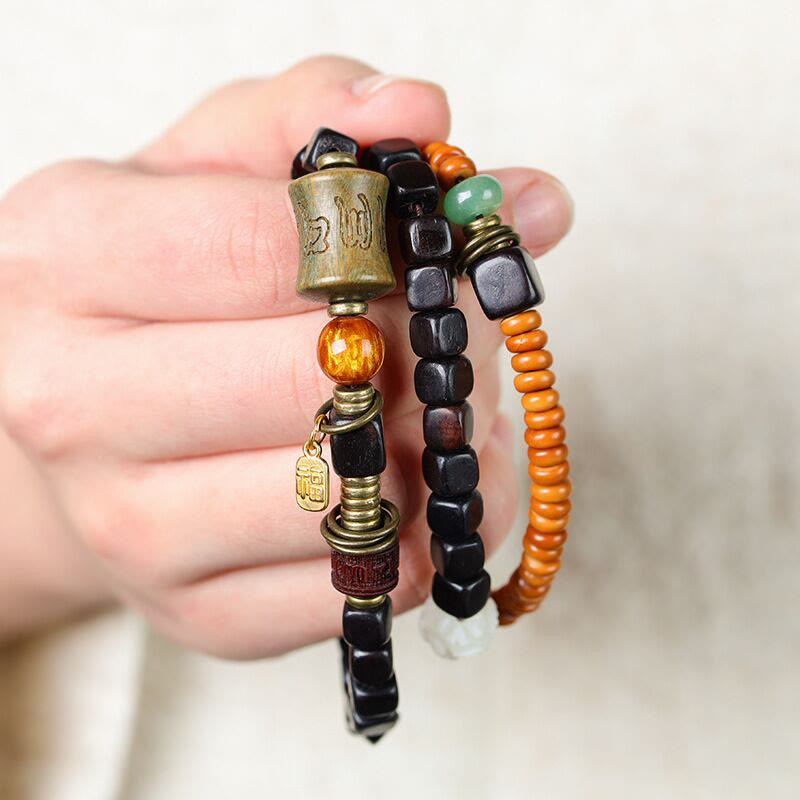 Green Sandalwood Ebony Om Mani Padme Hum Engraved Peace Triple Wrap Bracelet