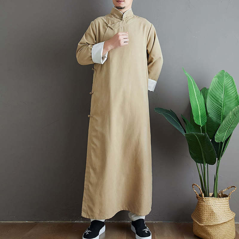 Fall Solid Color Chinese Frog-Button Cotton Men's Tang Suit Robe