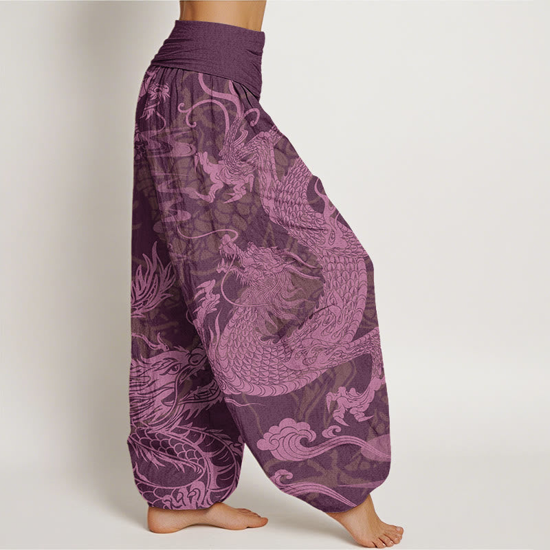 Dragon Auspicious Clouds Women's Elastic Waist Harem Pants