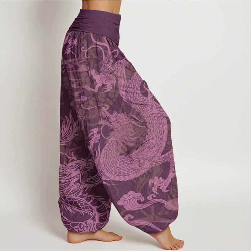Dragon Auspicious Clouds Women's Elastic Waist Harem Pants