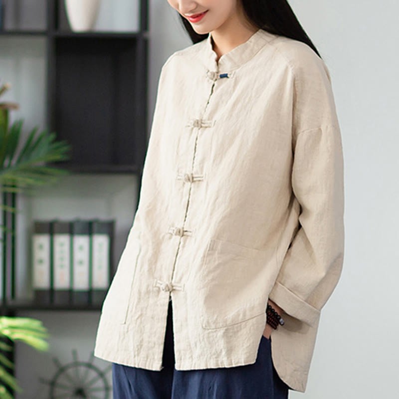 Solid Color Frog-button Long Sleeve Linen Women's Shirts With Pockets