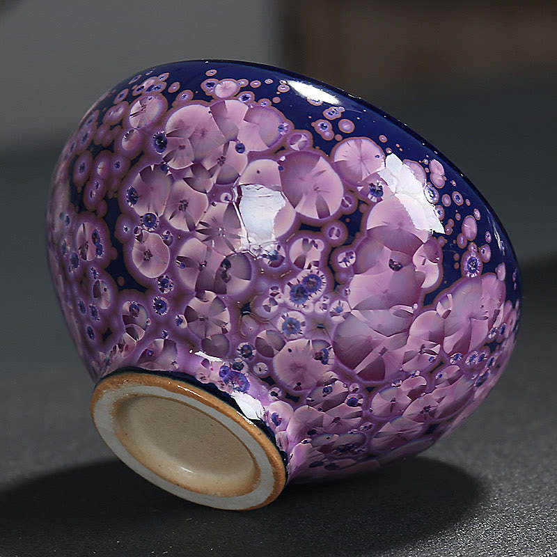 Colorful Iris Flowers Chinese Jianzhan Kiln Change Porcelain Teacup Tenmoku Kung Fu Tea Cup