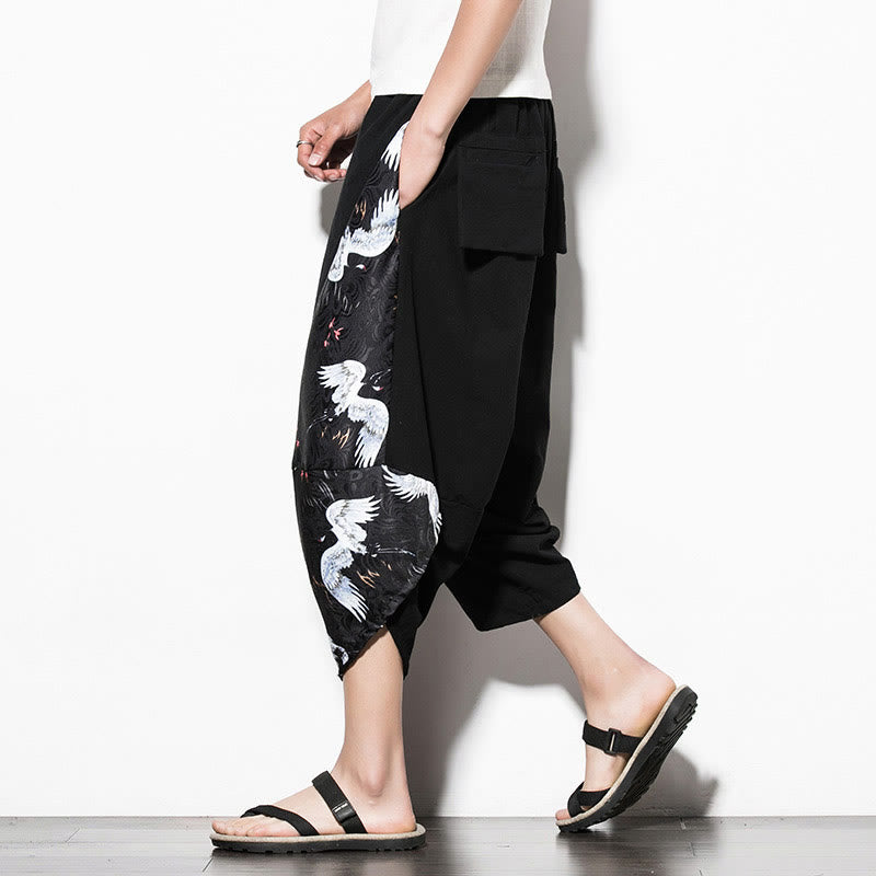 White Crane Print Cotton Men's Cropped Harem Pants With Pockets