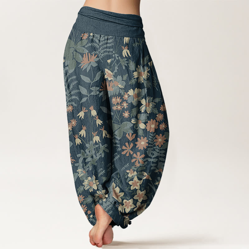 Casual Daisy Flowers Leaves Design Women's Elastic Waist Harem Pants