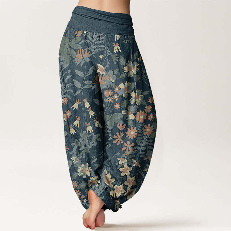 Casual Daisy Flowers Leaves Design Women's Elastic Waist Harem Pants