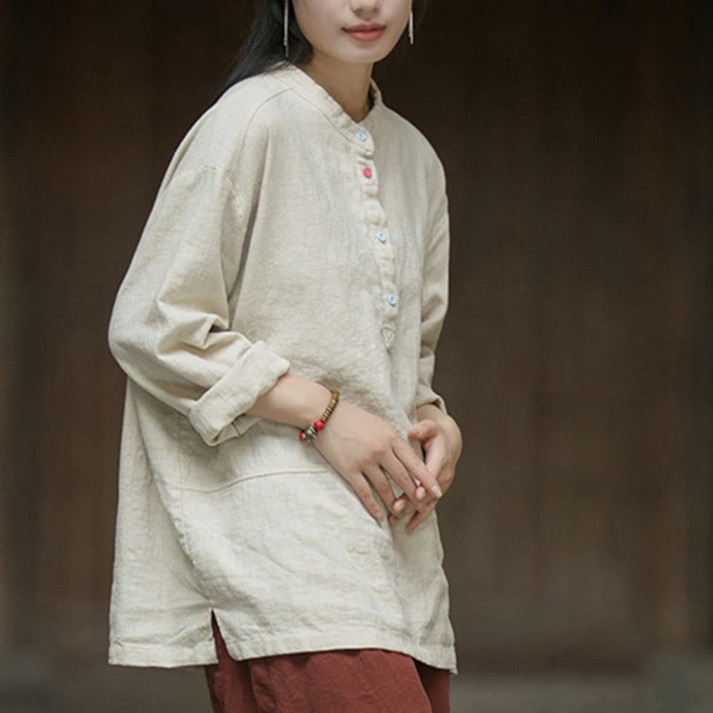 Solid Color Long Sleeve Ramie Linen Half Button Women's Shirt