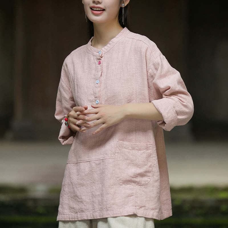 Solid Color Long Sleeve Ramie Linen Half Button Women's Shirt