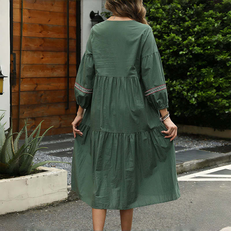 DarkGreen Retro Ethnic Embroidery Long Lantern Sleeve Linen Cotton Midi Dress