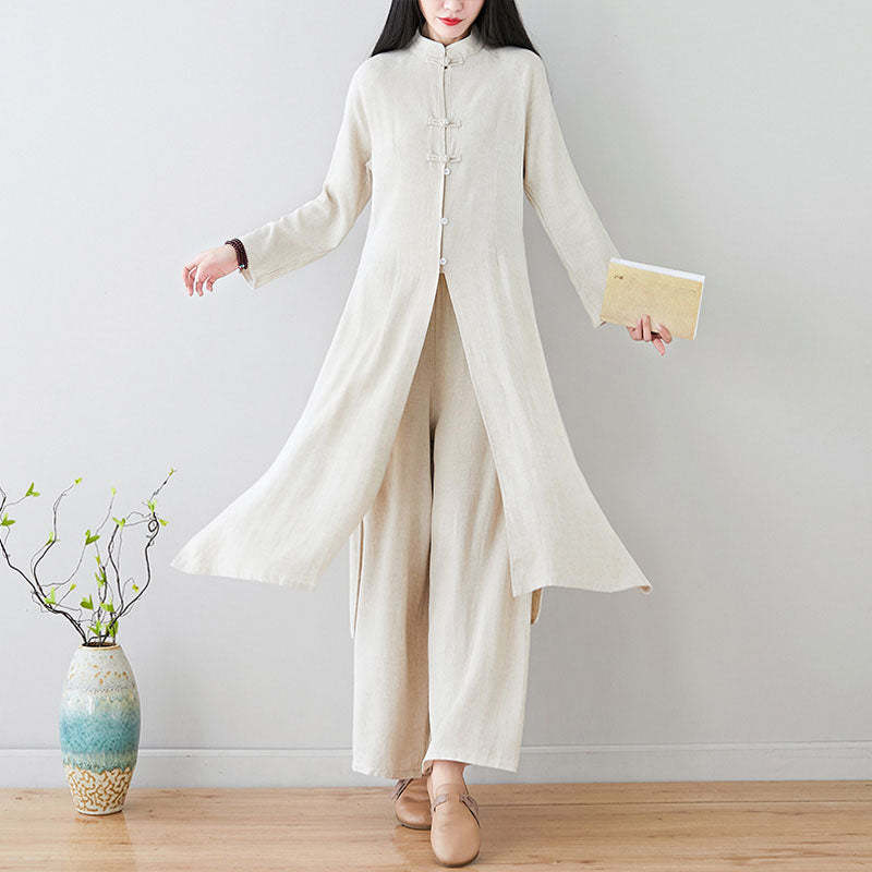 2Pcs Chinese Frog Button Design Zen Tai Chi Meditation Clothing Cotton Linen Top Pants Women's Set