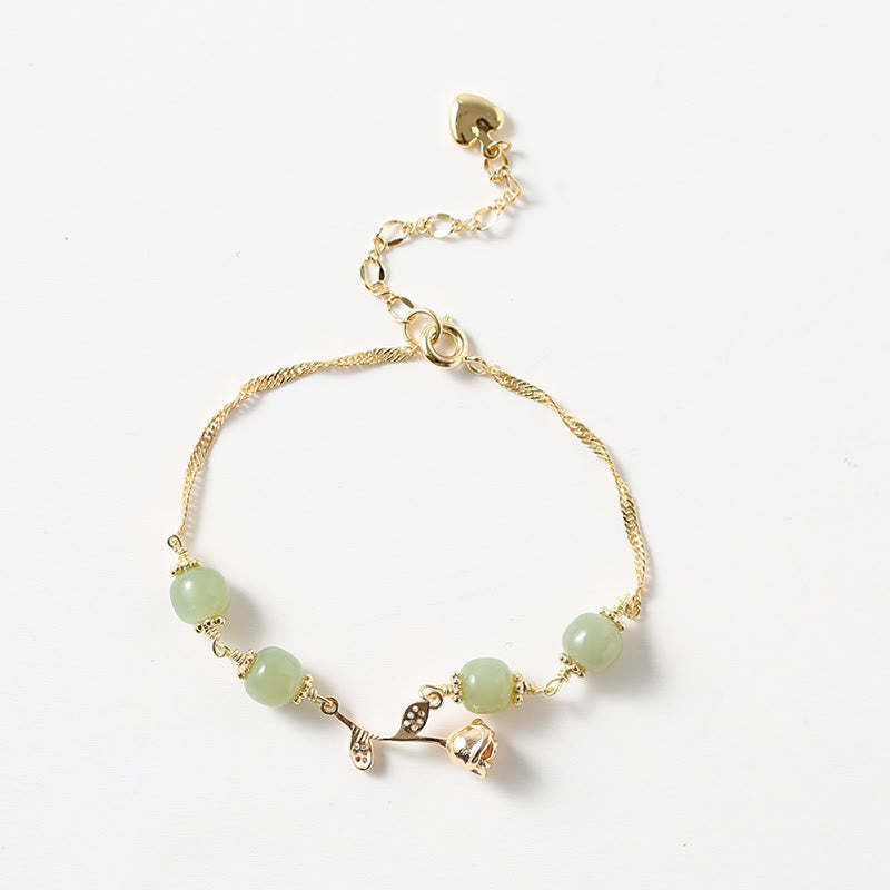 14K Gold Plated Hetian Jade Golden Rose Flower Luck Chain Bracelet