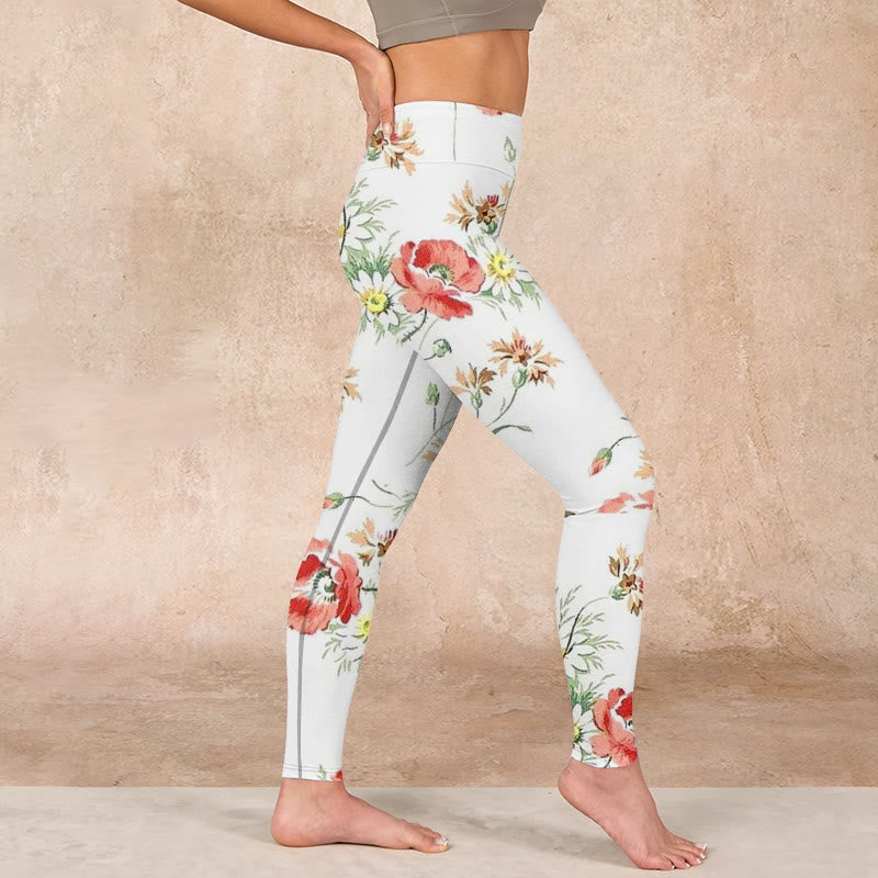 White Daisy Red Flower Print Sports Leggings Women's Yoga Pants