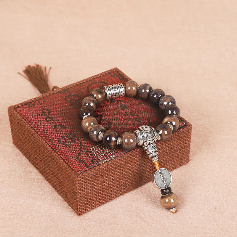 Tibet Om Mani Padme Hum Prayer Wheel Dorje Vajra Engraved Glass Bead Wisdom Bracelet