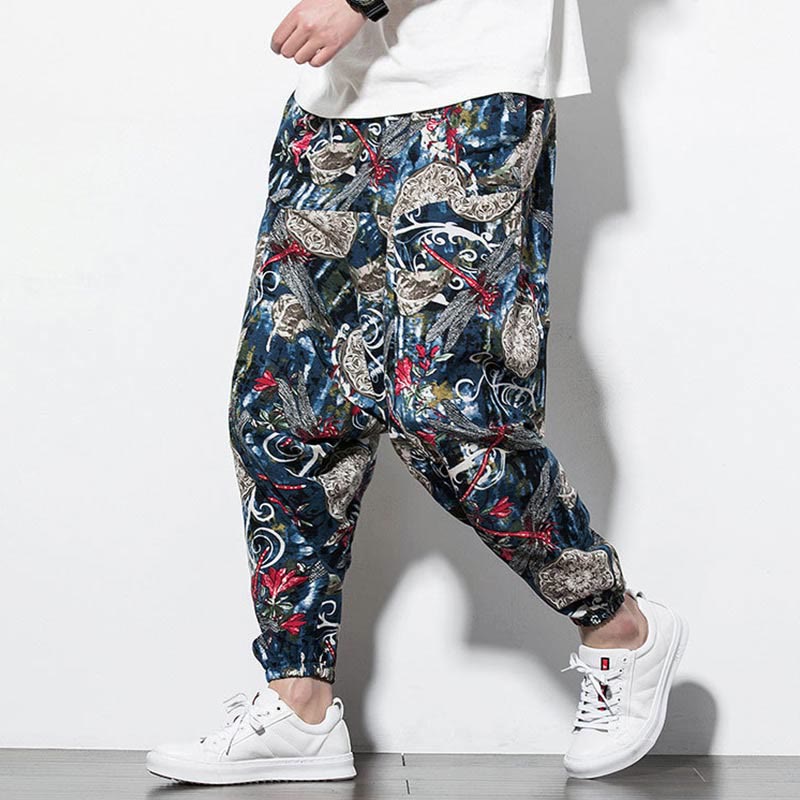 Red Dragonfly Dandelion Print Cotton Men's Harem Pants With Pockets