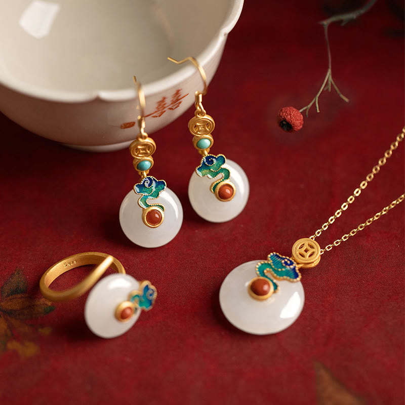 Jade Copper Coins Auspicious Clouds Prosperity Necklace Pendant Bracelet Ring Earrings