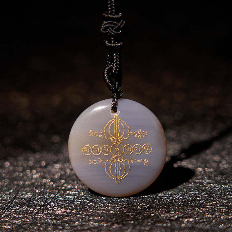 Vajra Dorje Sanskrit Pattern Natural Various Crystal Black Obsidian Fulfilment Necklace Pendant